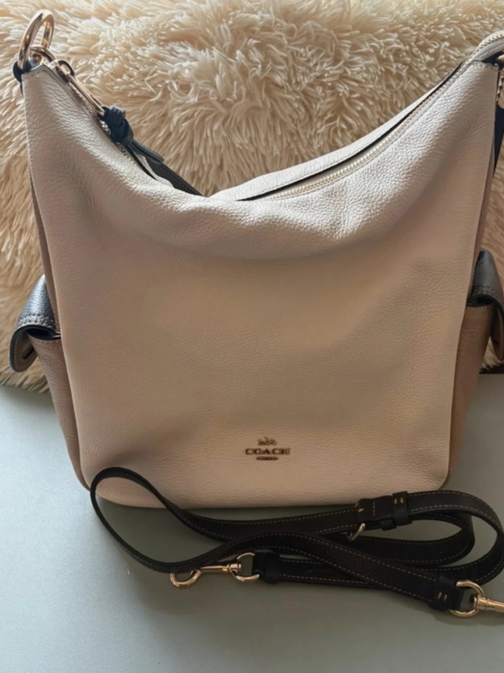 Coach Pebbled Leather Hobo in Blush with Black Trim